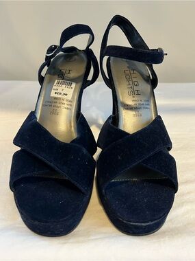 Y2K High Lights Navy Blue Suede Platform Heels Women’s Size 7 Ankle Strap Sandal
